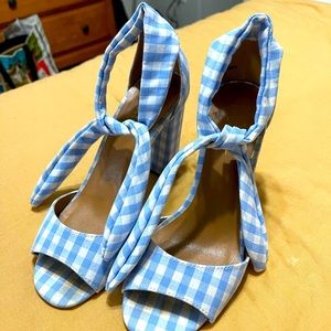 Lulus Blue and White Checkered Gingham Picnic Ankle Tie Heels
